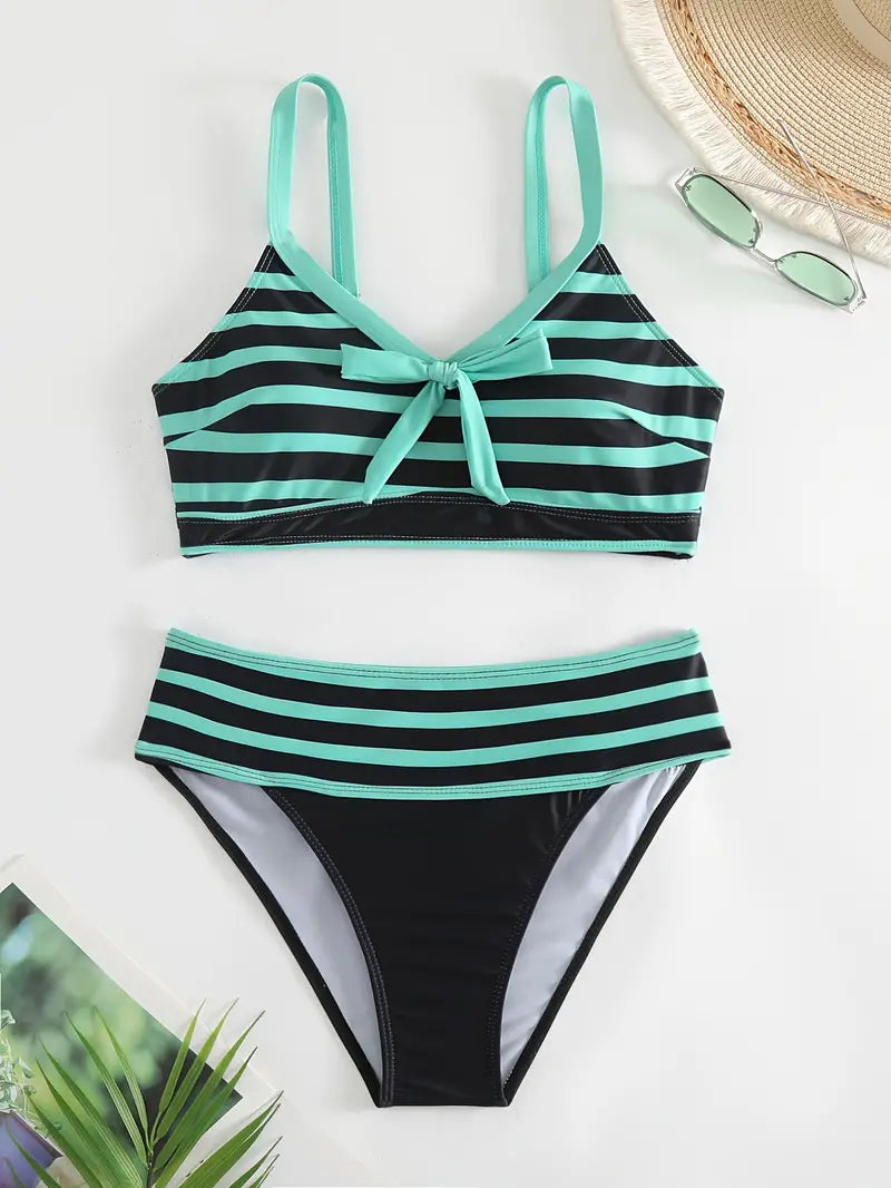 LP | Sexy bikini con nodo a fiocco stampato a righe e scollo a V