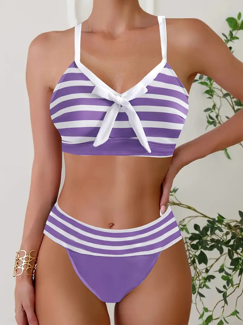 LP | Sexy bikini con nodo a fiocco stampato a righe e scollo a V