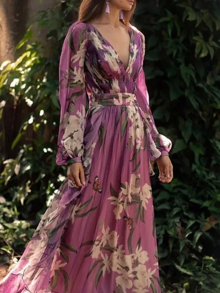 LP | Linda - Nuovi abiti stampati in chiffon a maniche lunghe per invitate a nozze con scollatura a V