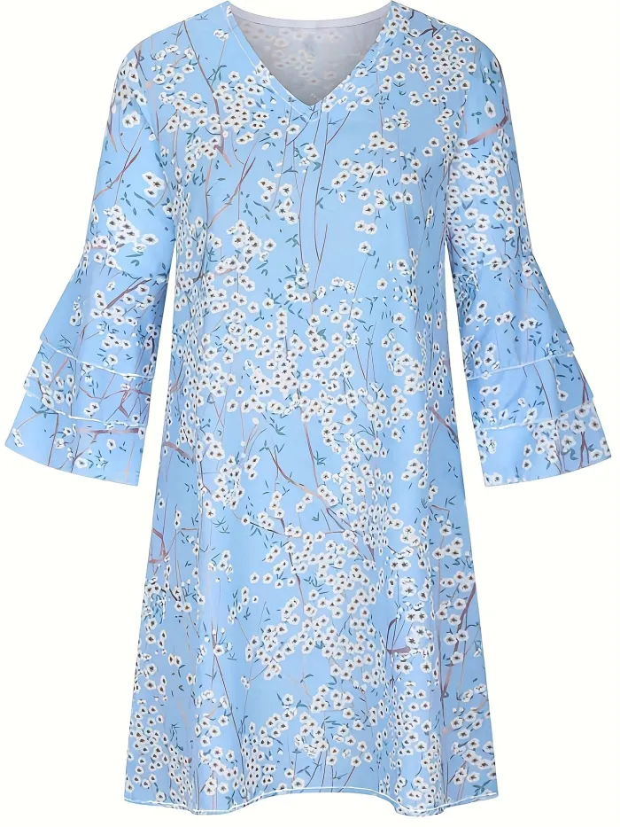LP | Gianna - Abito con stampa floreale e orlo increspato, abito casual multistrato con maniche a mezza lunghezza e scollo a V, Abbigliamento donna