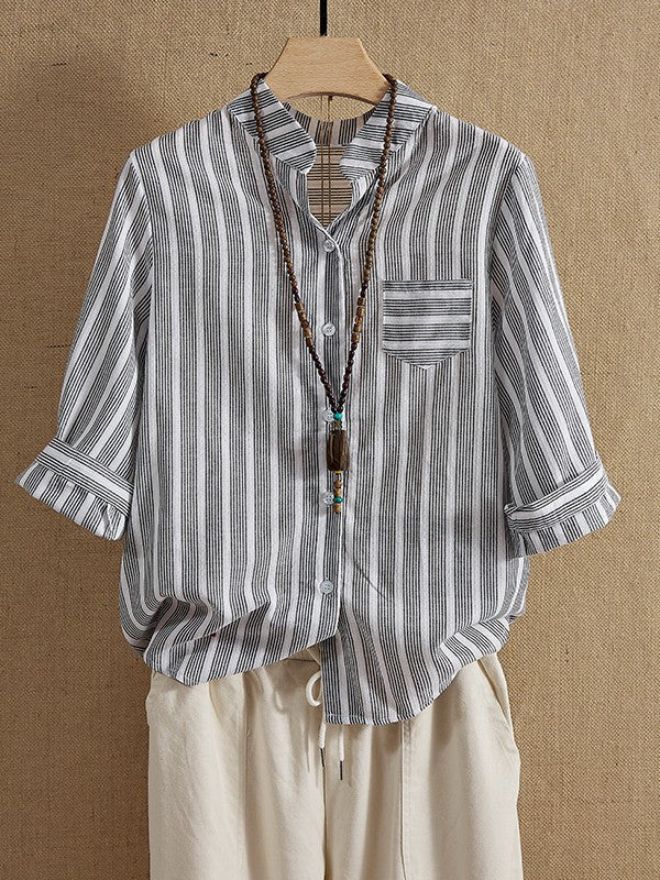 LP | Delia - Camicie e top casual con stampa a righe e scollo a V e maniche a mezza lunghezza