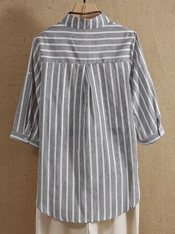 LP | Delia - Camicie e top casual con stampa a righe e scollo a V e maniche a mezza lunghezza