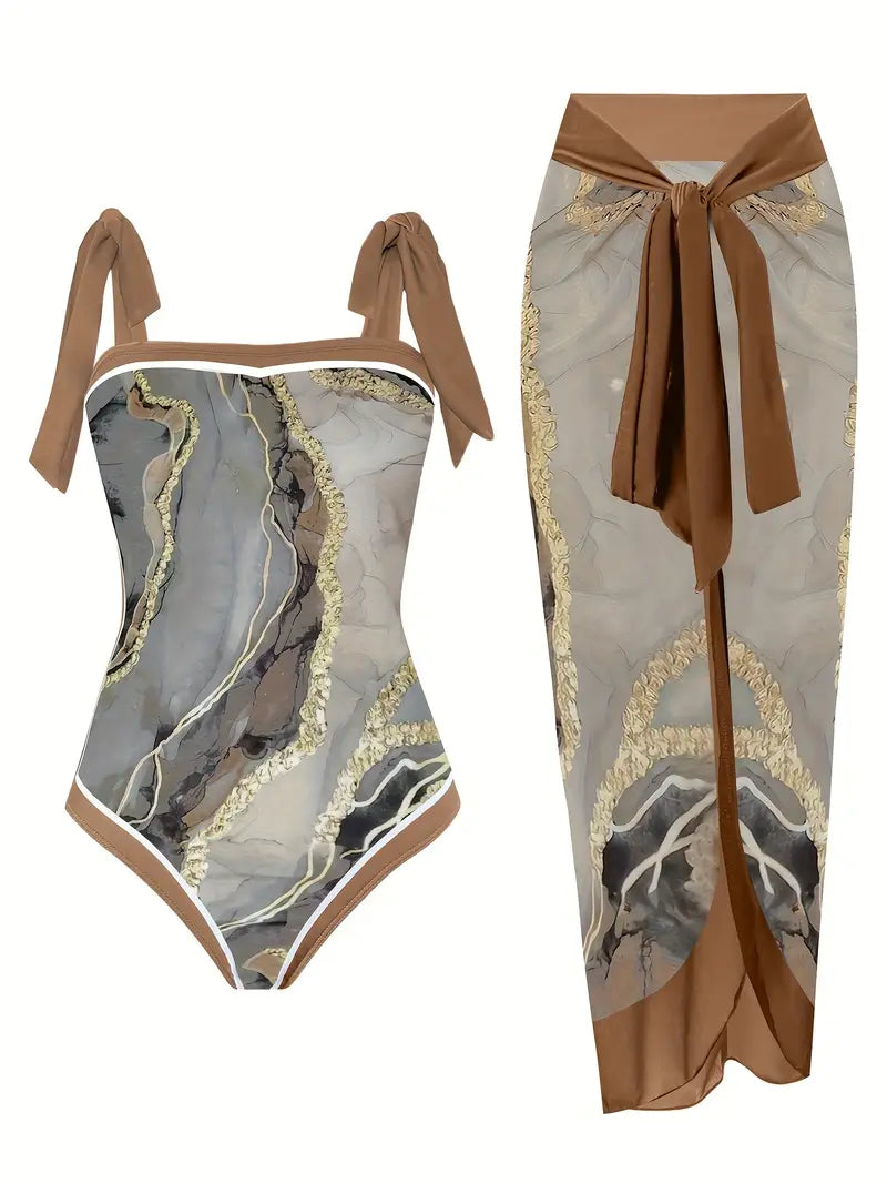 LP | Elegante costume da bagno e gonna con stampa marmo in un unico pezzo