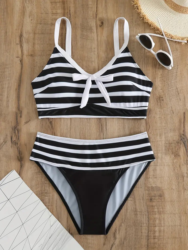 LP | Sexy bikini con nodo a fiocco stampato a righe e scollo a V