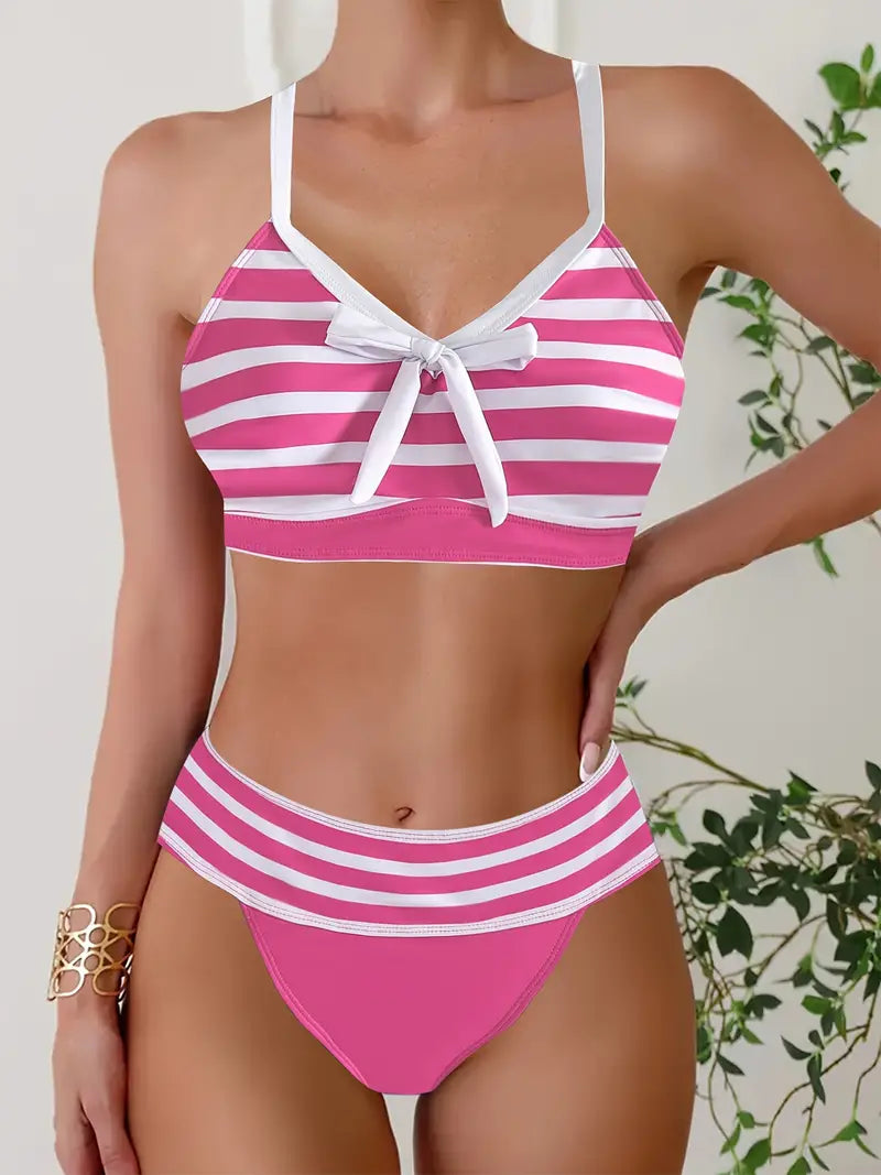 LP | Sexy bikini con nodo a fiocco stampato a righe e scollo a V
