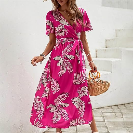LP | Abito con cintura con stampa tropicale e vita alta