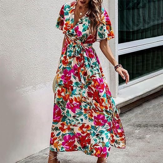 LP | Abito con cintura con stampa tropicale e vita alta