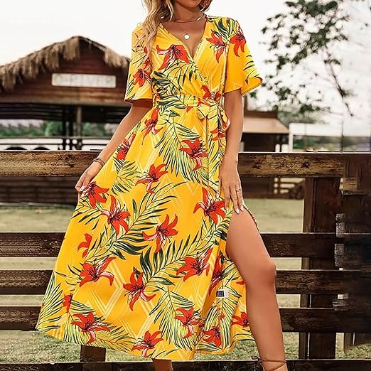 LP | Abito con cintura con stampa tropicale e vita alta