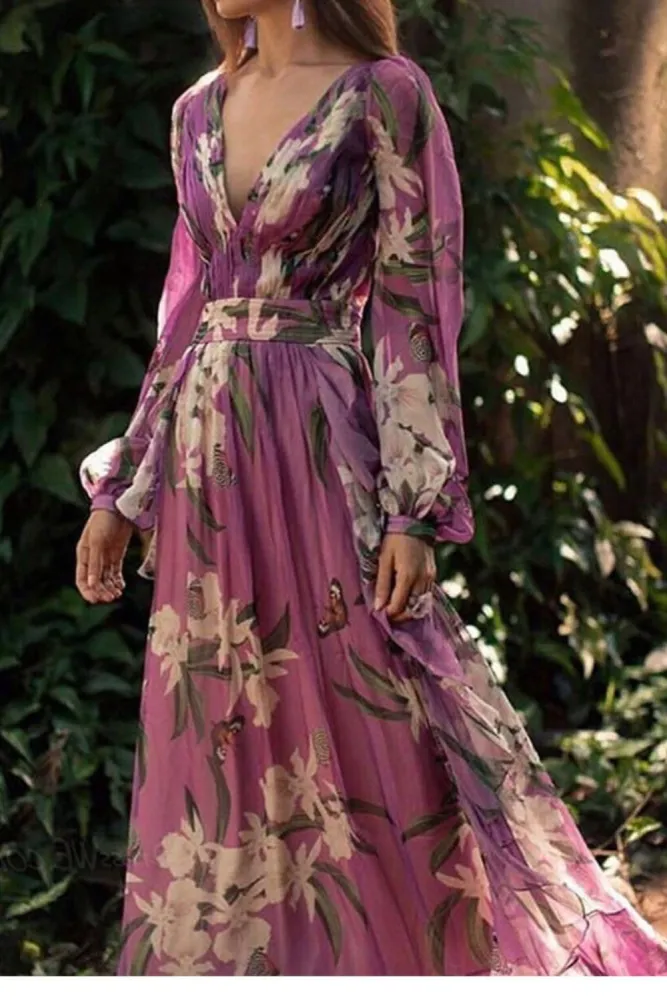LP | Linda - Nuovi abiti stampati in chiffon a maniche lunghe per invitate a nozze con scollatura a V
