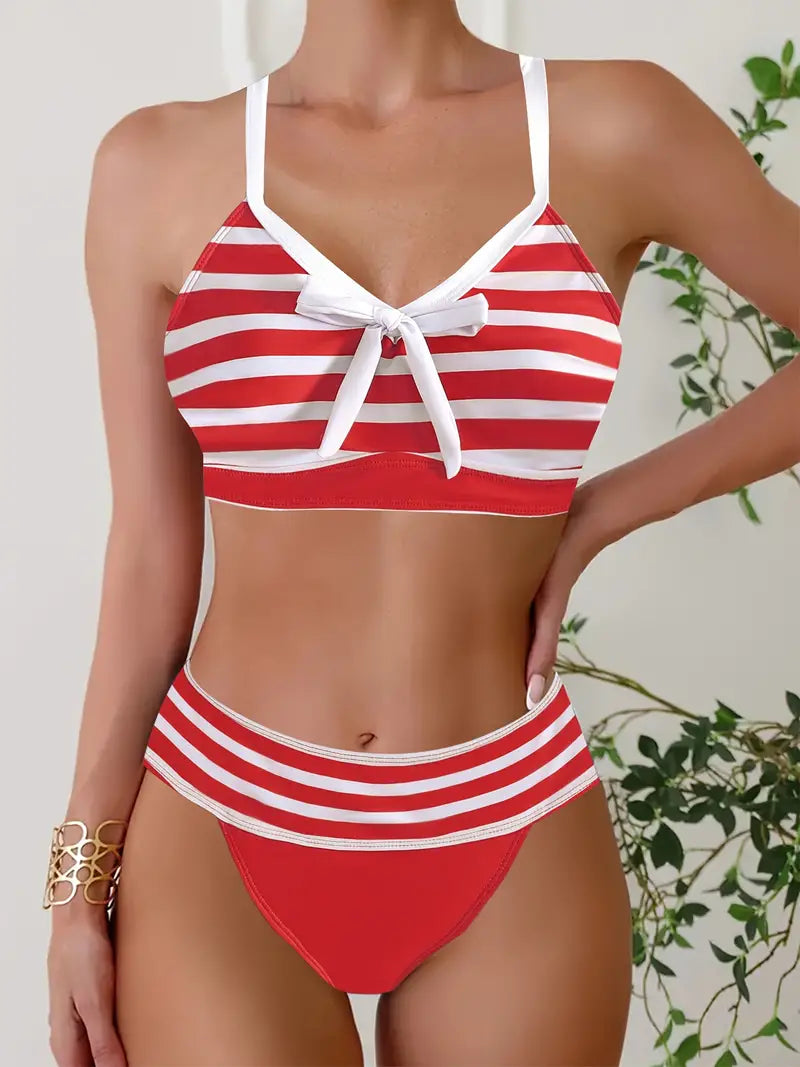 LP | Sexy bikini con nodo a fiocco stampato a righe e scollo a V