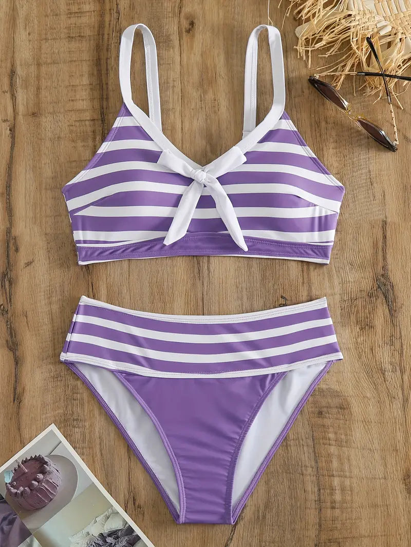 LP | Sexy bikini con nodo a fiocco stampato a righe e scollo a V
