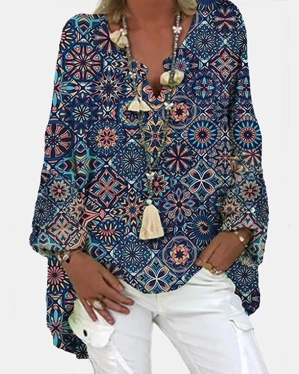 LP Camicetta casual da donna con stampa geometrica e manica lunga con scollo a V