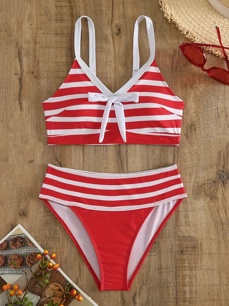 LP | Sexy bikini con nodo a fiocco stampato a righe e scollo a V