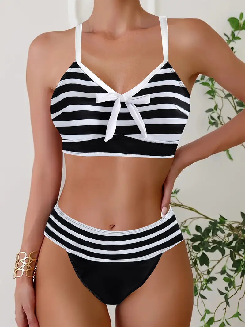 LP | Sexy bikini con nodo a fiocco stampato a righe e scollo a V