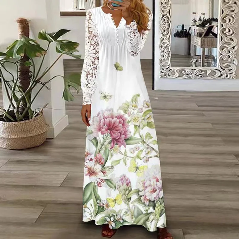 LP | Abito lungo con pannello in pizzo e stampa floreale alla moda