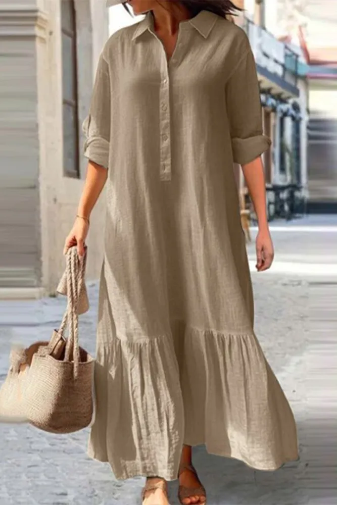 LP | Casual vintage solido pulsante balza girare giù abiti camicia collare