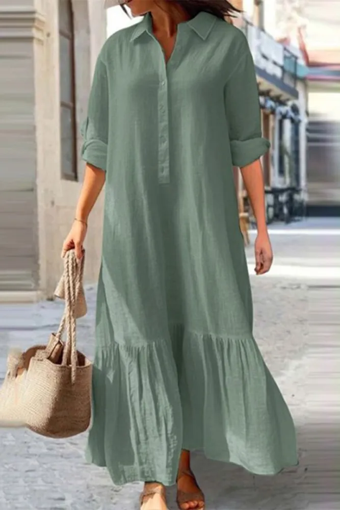 LP | Casual vintage solido pulsante balza girare giù abiti camicia collare