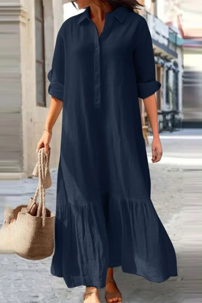 LP | Casual vintage solido pulsante balza girare giù abiti camicia collare