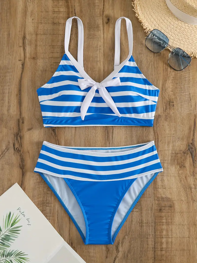 LP | Sexy bikini con nodo a fiocco stampato a righe e scollo a V