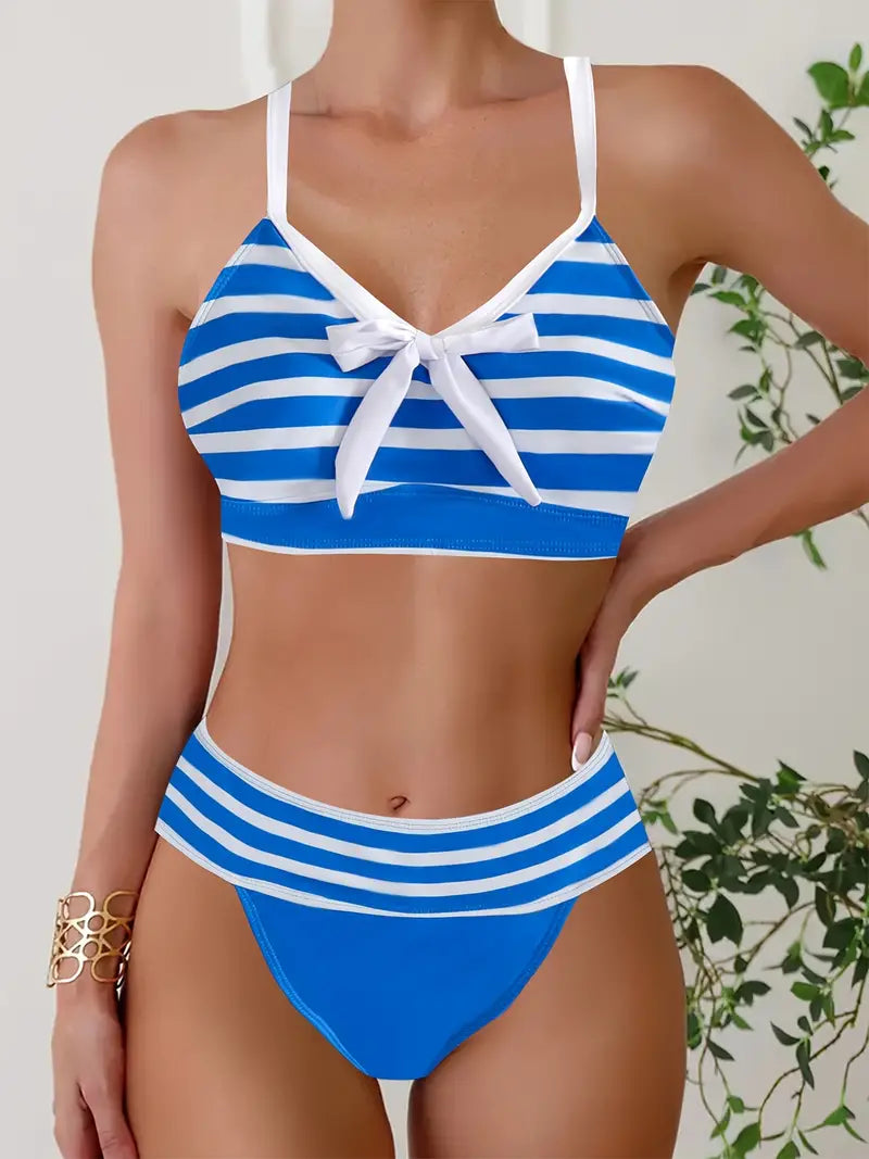 LP | Sexy bikini con nodo a fiocco stampato a righe e scollo a V