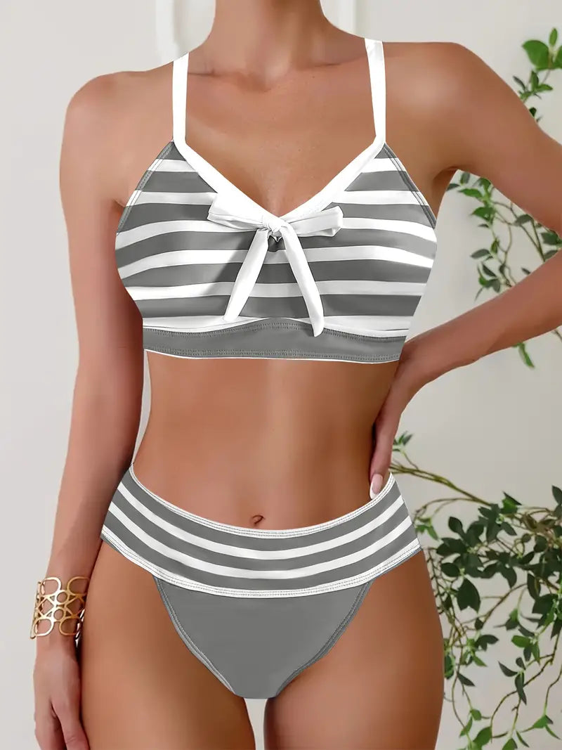 LP | Sexy bikini con nodo a fiocco stampato a righe e scollo a V