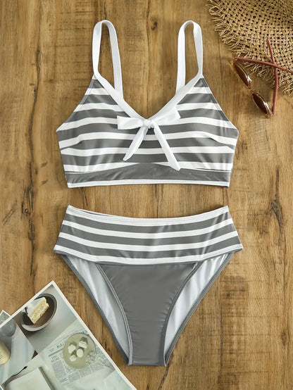 LP | Sexy bikini con nodo a fiocco stampato a righe e scollo a V