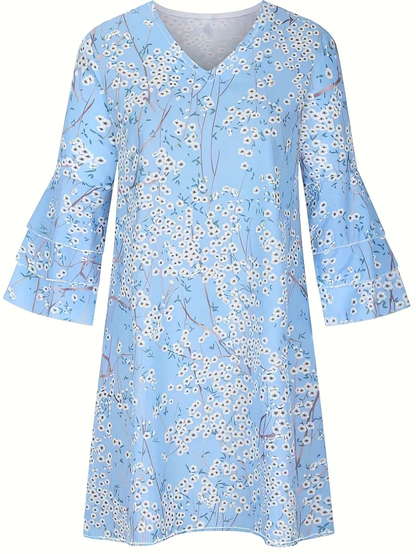 LP | Gianna - Abito con stampa floreale e orlo increspato, abito casual multistrato con maniche a mezza lunghezza e scollo a V, Abbigliamento donna