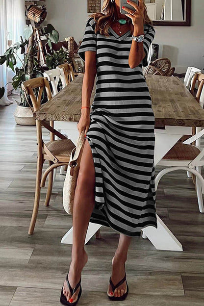 LP | Fanny - Abito casual patchwork a righe con scollo a V e maniche corte