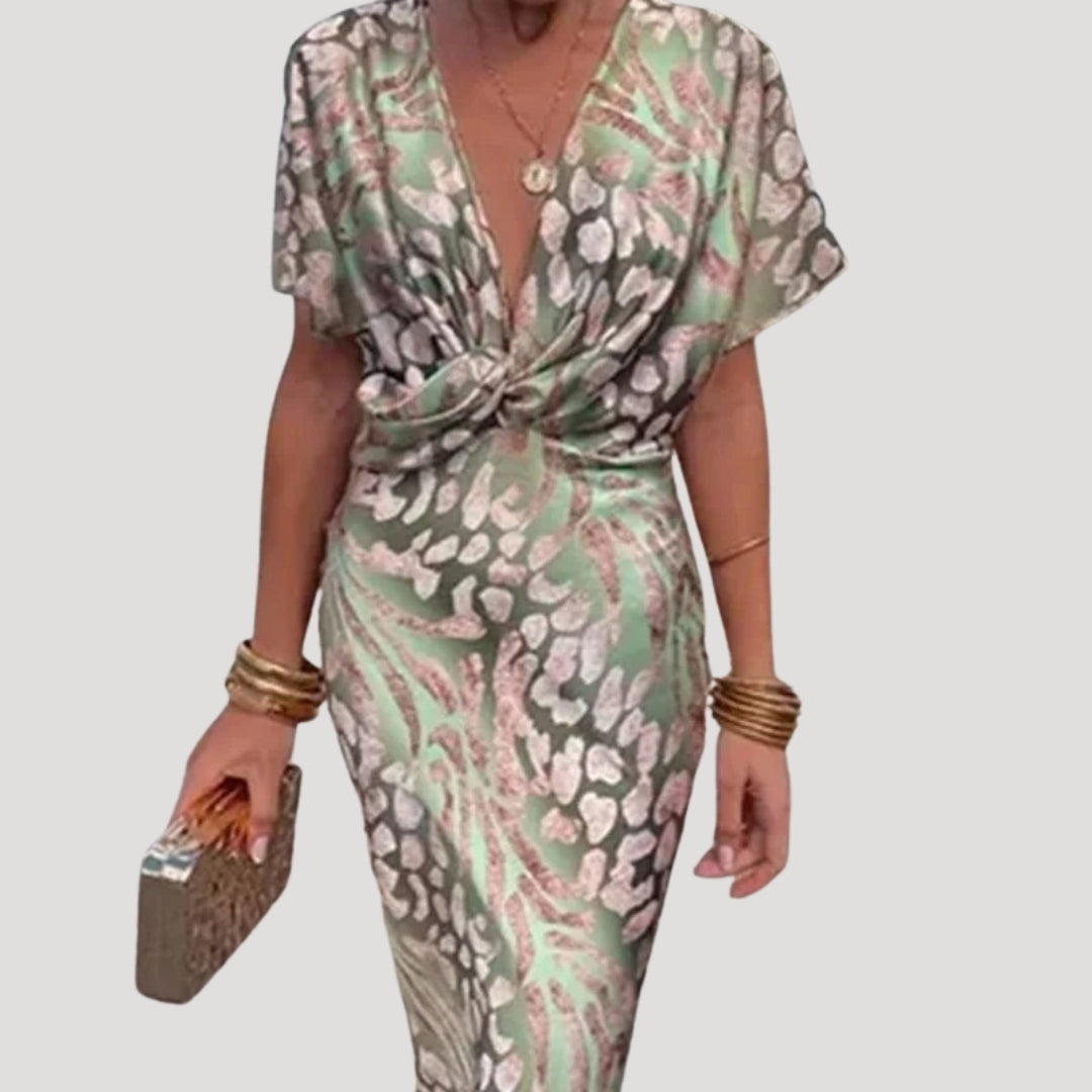 LP | Donna abito midi in raso verde stampato per occasioni cocktail
