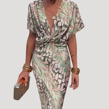 LP | Donna abito midi in raso verde stampato per occasioni cocktail