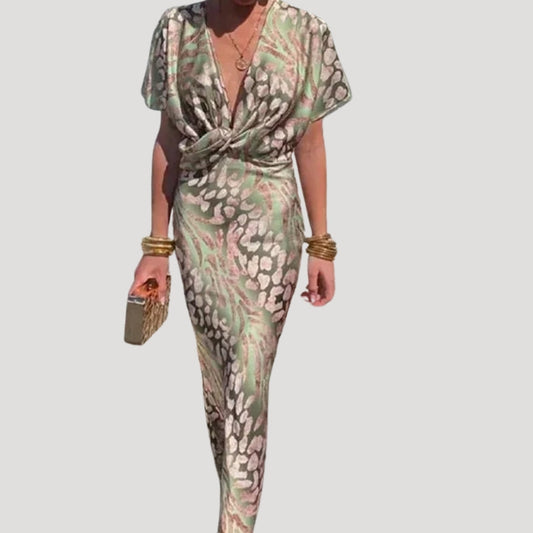 LP | Donna abito midi in raso verde stampato per occasioni cocktail