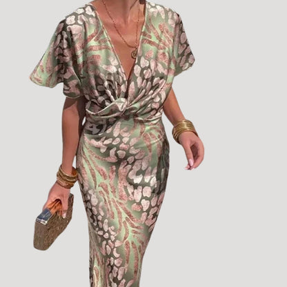LP | Donna abito midi in raso verde stampato per occasioni cocktail