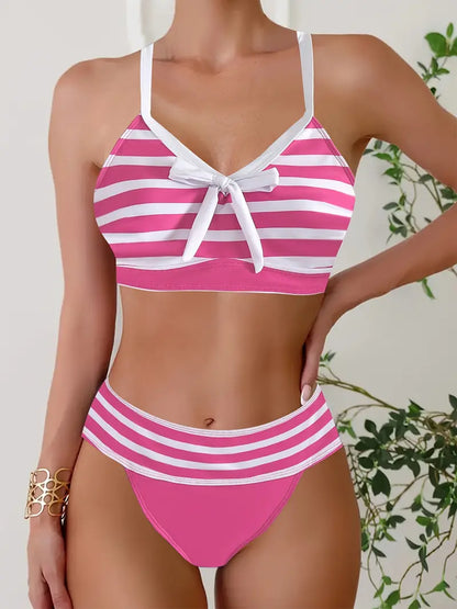 LP | Sexy bikini con nodo a fiocco stampato a righe e scollo a V