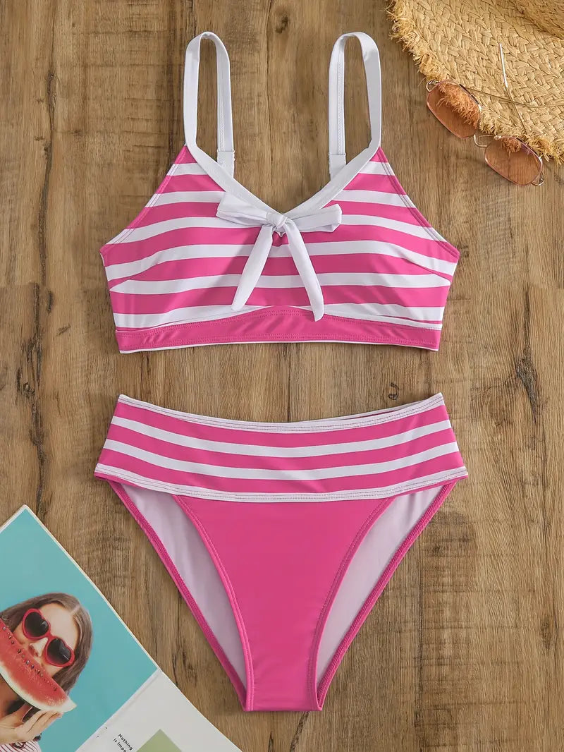 LP | Sexy bikini con nodo a fiocco stampato a righe e scollo a V