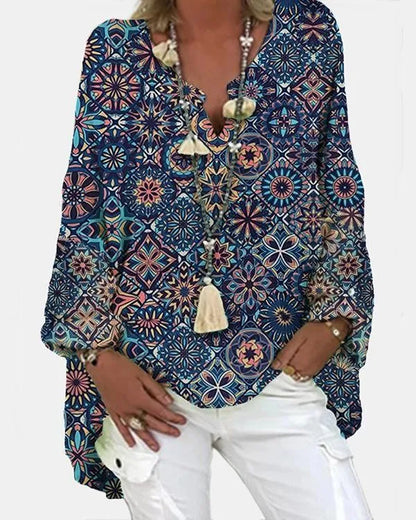 LP Camicetta casual da donna con stampa geometrica e manica lunga con scollo a V