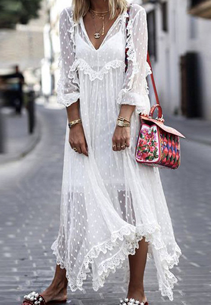LP | Abito in pizzo con scollo a V e orlo fibrato, casual, elegante, liscio, fibbia