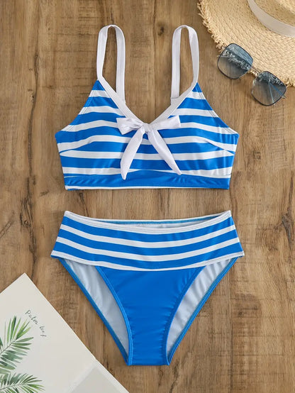 LP | Sexy bikini con nodo a fiocco stampato a righe e scollo a V
