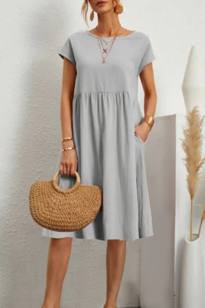 LP | Melanie - Abito patchwork casual monocolore con scollo a O e maniche corte ad A