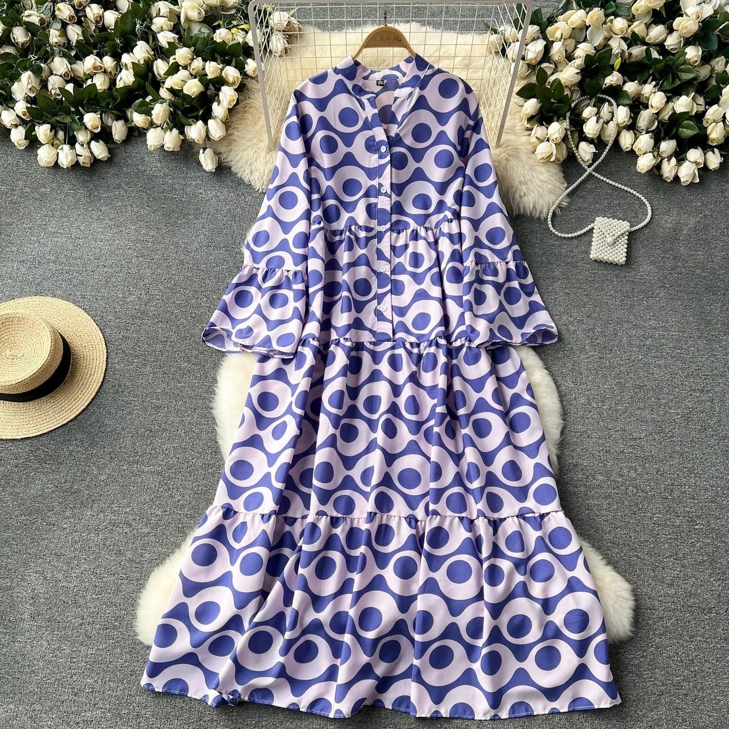 LP | Abito lungo vintage stampato con scollo a V e maniche svasate