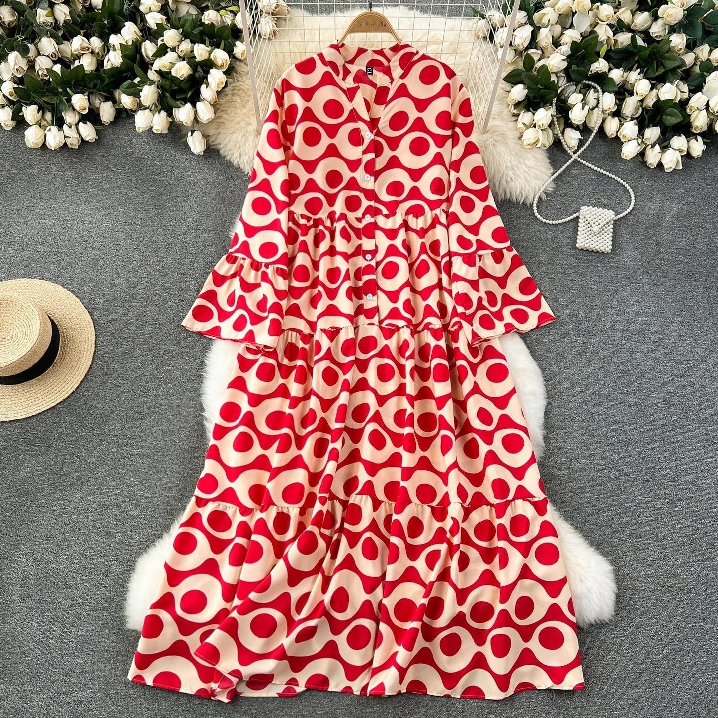 LP | Abito lungo vintage stampato con scollo a V e maniche svasate