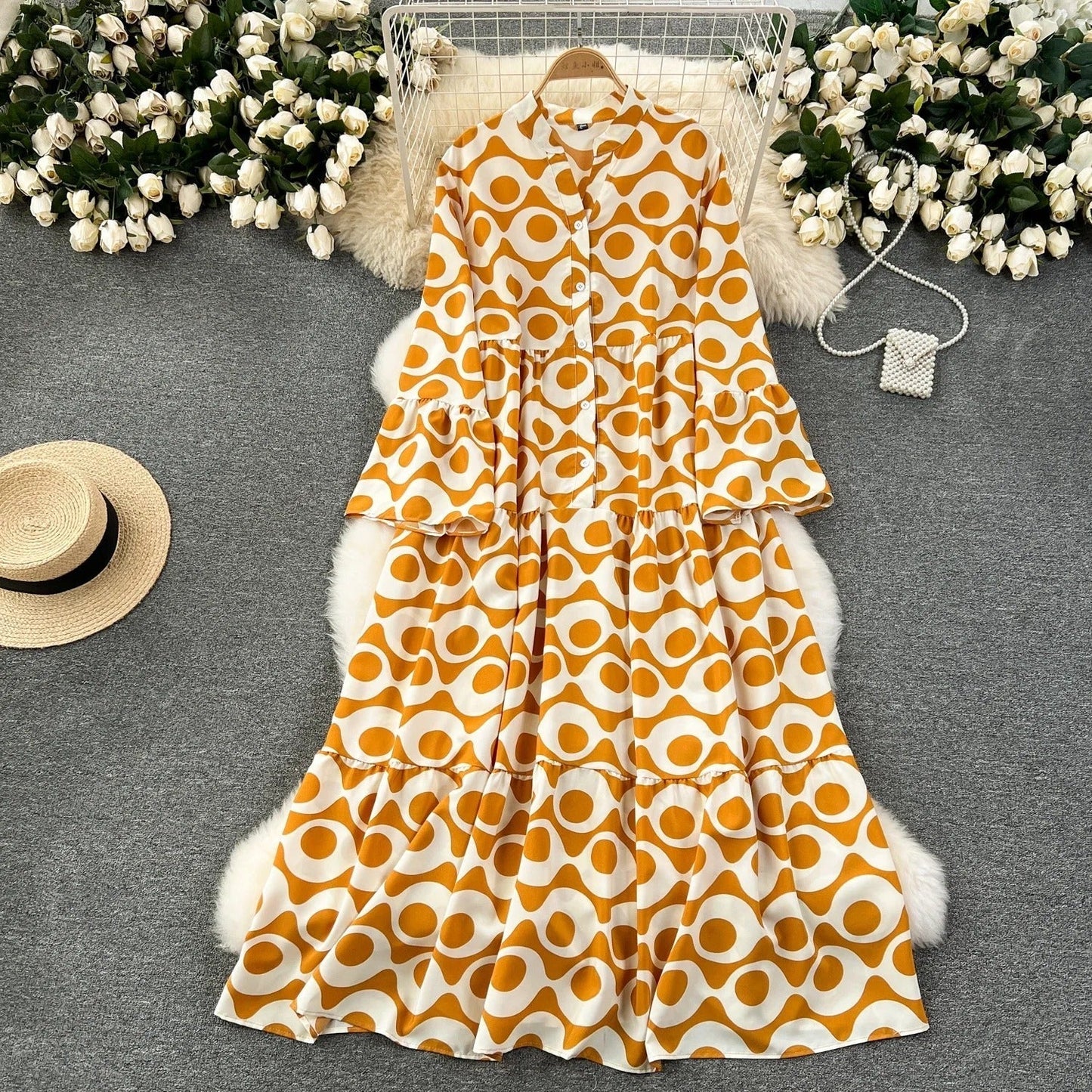 LP | Abito lungo vintage stampato con scollo a V e maniche svasate