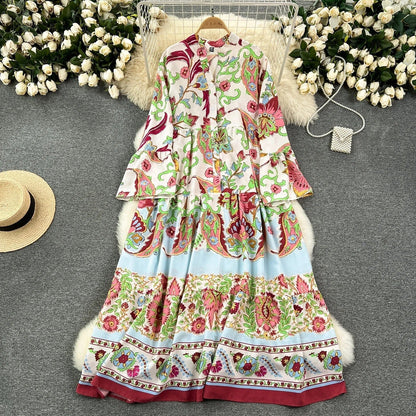 LP | Abito lungo vintage stampato con scollo a V e maniche svasate
