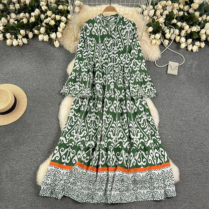 LP | Abito lungo vintage stampato con scollo a V e maniche svasate